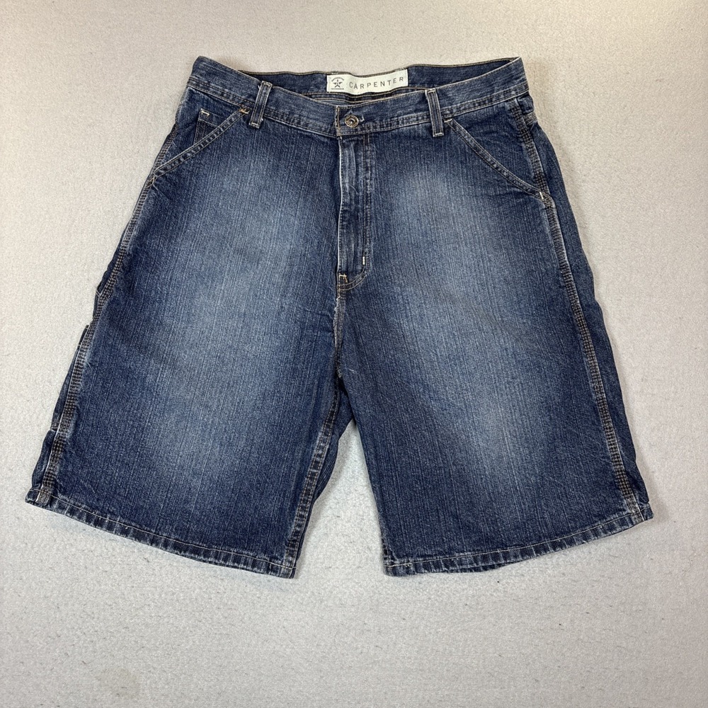 Arizona Jean Co Dungarees Shorts Sz 34 Blue Denim Utility Carpenter Relaxed Y2K